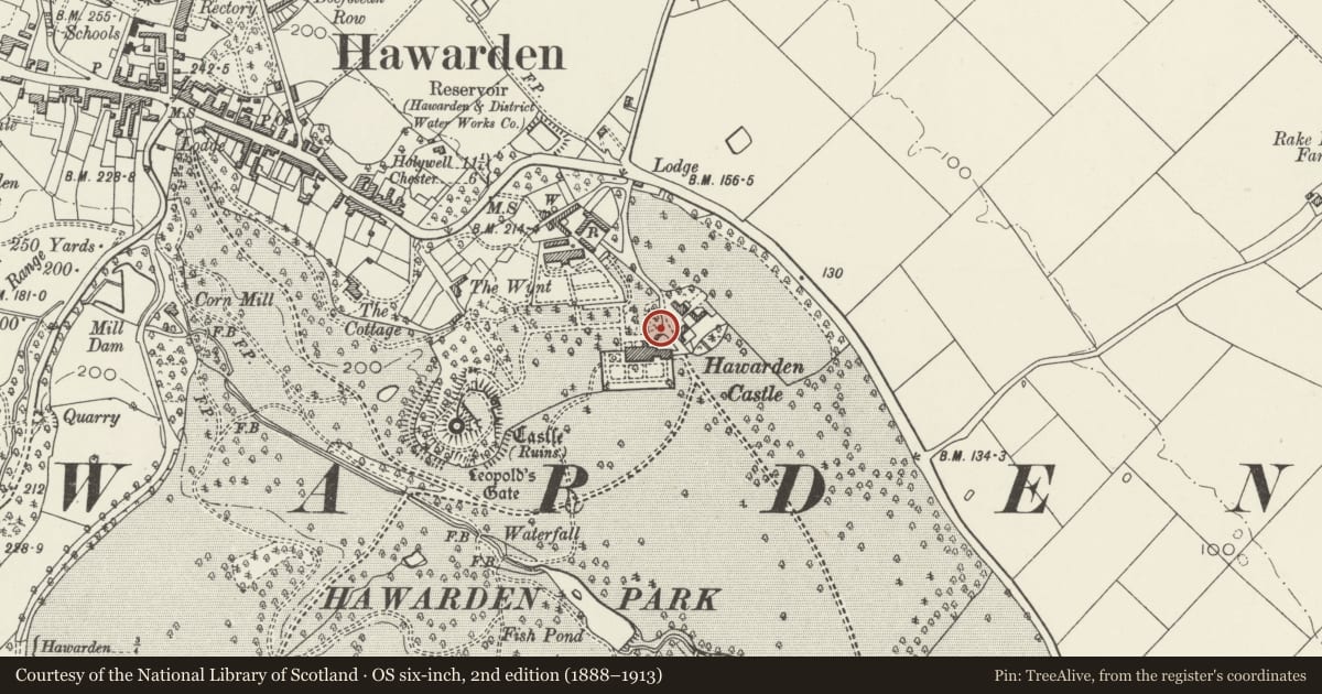 Ordnance Survey six-inch map, 2nd edition (1888–1913) covering the location of Gateway adjoining Hawarden New Castle to the E, with Flanking Crenellated Wales, Flintshire, with a pin at the register's coordinates