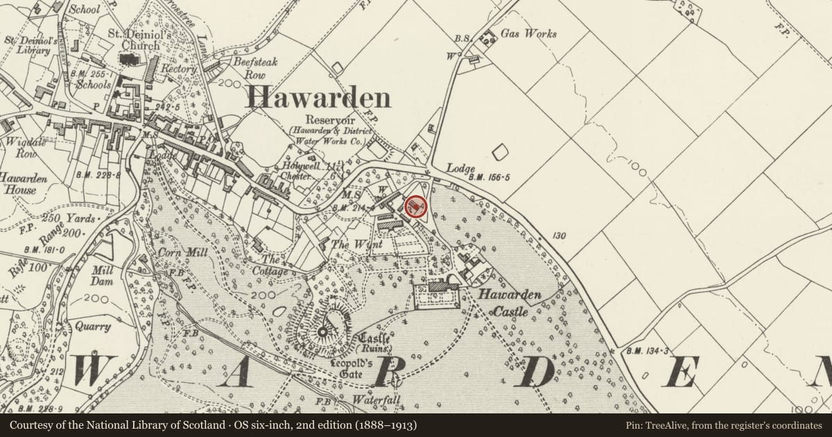 Ordnance Survey six-inch map, 2nd edition (1888–1913) covering the location of Garage Yard and Gallery (former stables and coach-house), Hawarden, Flintshire, with a pin at the register's coordinates