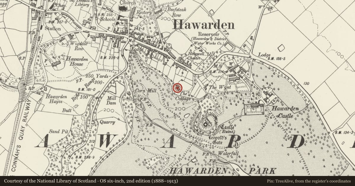 Ordnance Survey six-inch map, 2nd edition (1888–1913) covering the location of Glynne Cottage, Hawarden, Flintshire, with a pin at the register's coordinates