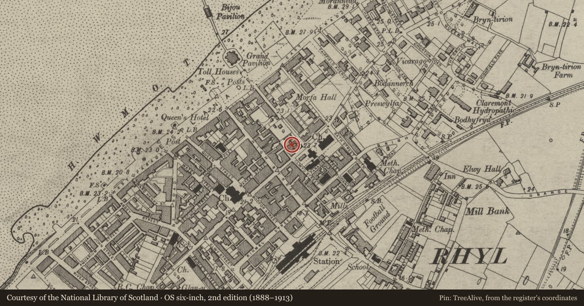 Ordnance Survey six-inch map, 2nd edition (1888–1913) covering the location of Plas Gwyn, Rhyl, Denbighshire, with a pin at the register's coordinates