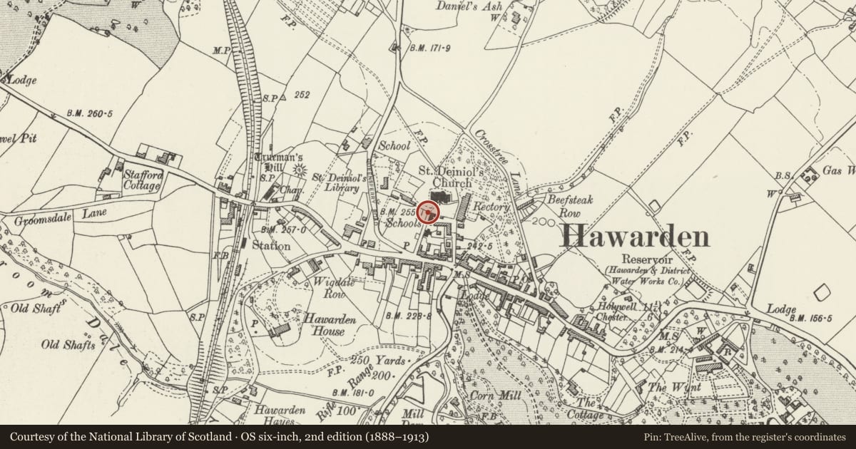 Ordnance Survey six-inch map, 2nd edition (1888–1913) covering the location of Saint Deiniol's Parish Churchs Entrance Gates and Churchyard Walls, Hawarden, Flintshire, with a pin at the register's coordinates