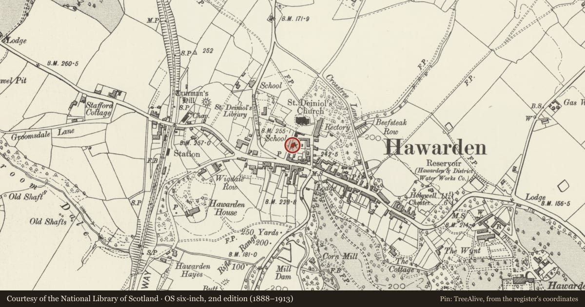 Ordnance Survey six-inch map, 2nd edition (1888–1913) covering the location of Church Hall of Church of St Deiniol, Hawarden, Flintshire, with a pin at the register's coordinates