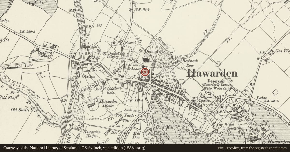 Ordnance Survey six-inch map, 2nd edition (1888–1913) covering the location of White House (formerly School Mistresses House), Hawarden, Flintshire, with a pin at the register's coordinates