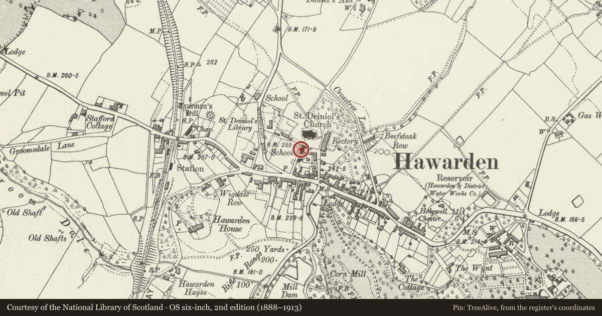Ordnance Survey six-inch map, 2nd edition (1888–1913) covering the location of Tithe Barn, Hawarden, Flintshire, with a pin at the register's coordinates