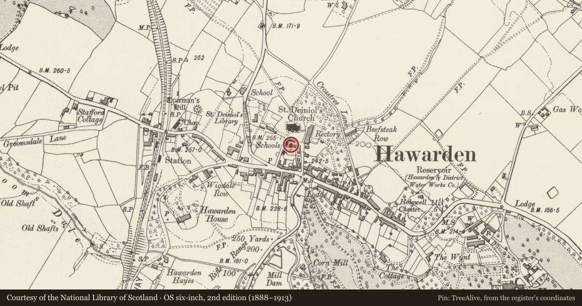Ordnance Survey six-inch map, 2nd edition (1888–1913) covering the location of Tithe Barn Cottage, Hawarden, Flintshire, with a pin at the register's coordinates