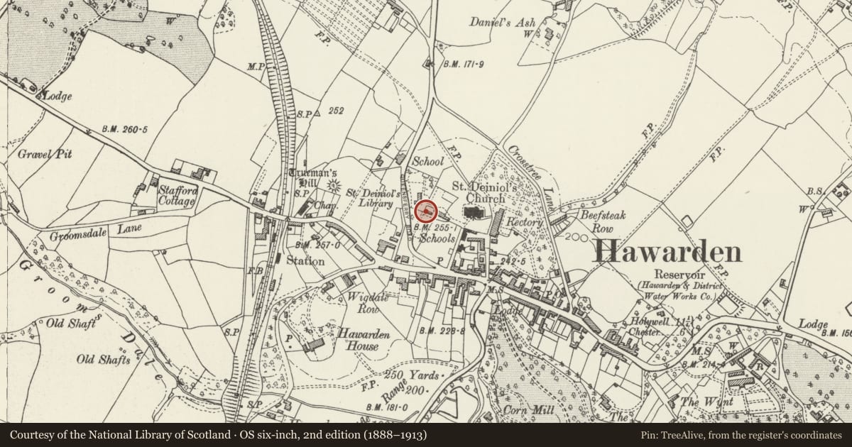 Ordnance Survey six-inch map, 2nd edition (1888–1913) covering the location of St Deiniol's Library, Hawarden, Flintshire, with a pin at the register's coordinates