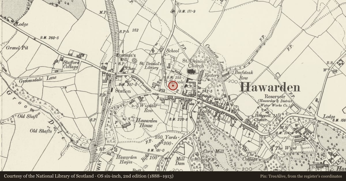 Ordnance Survey six-inch map, 2nd edition (1888–1913) covering the location of The Gladstone Monument, Hawarden, Flintshire, with a pin at the register's coordinates