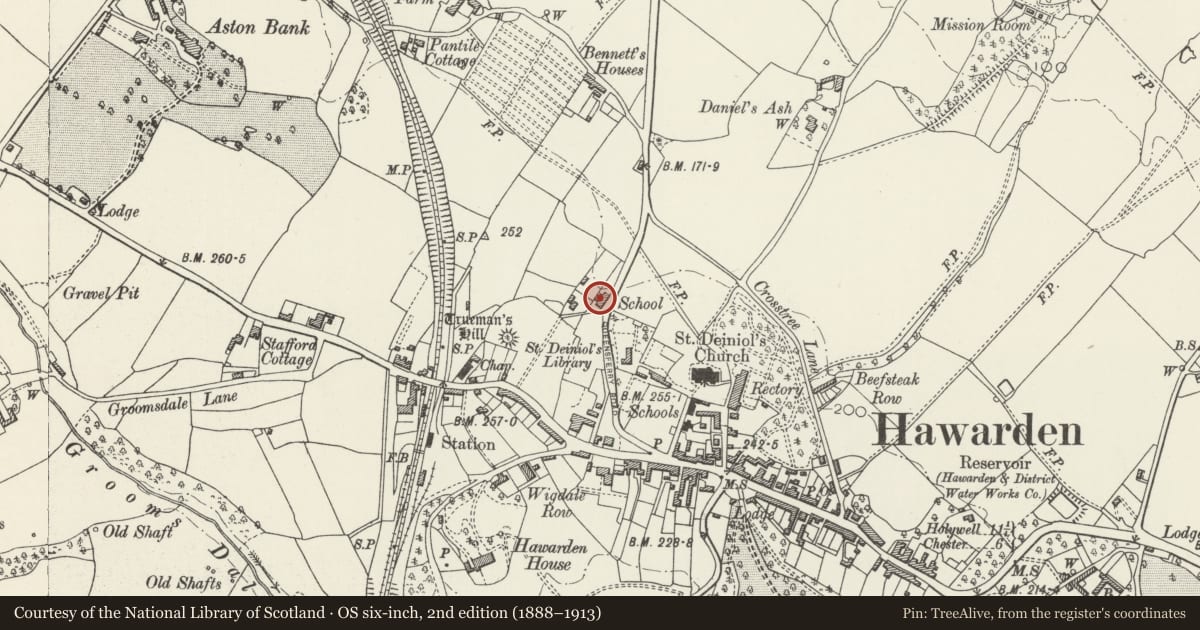 Ordnance Survey six-inch map, 2nd edition (1888–1913) covering the location of Masonic Hall, Hawarden, Flintshire, with a pin at the register's coordinates
