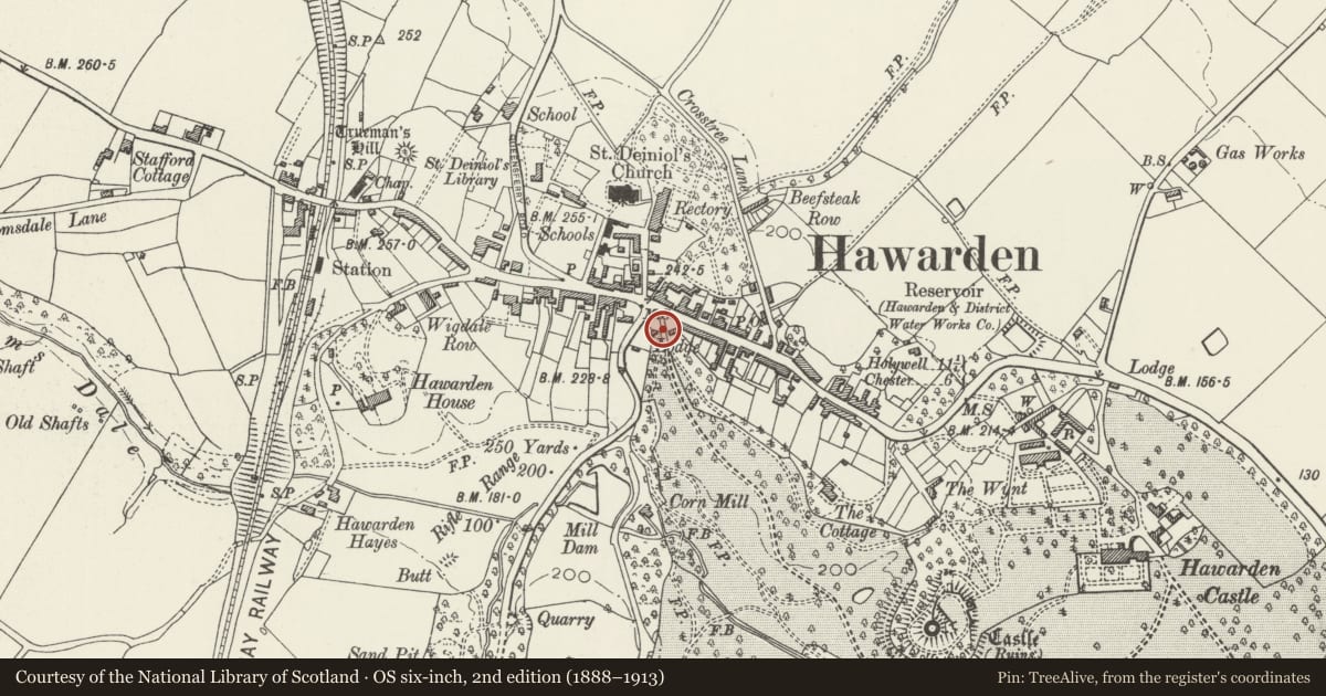 Ordnance Survey six-inch map, 2nd edition (1888–1913) covering the location of Entrance Gate to Hawarden Castle, Flintshire, with a pin at the register's coordinates