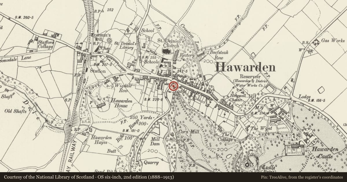 Ordnance Survey six-inch map, 2nd edition (1888–1913) covering the location of Curtain Walls and Precinct Walls to Hawarden Castle, Flintshire, with a pin at the register's coordinates