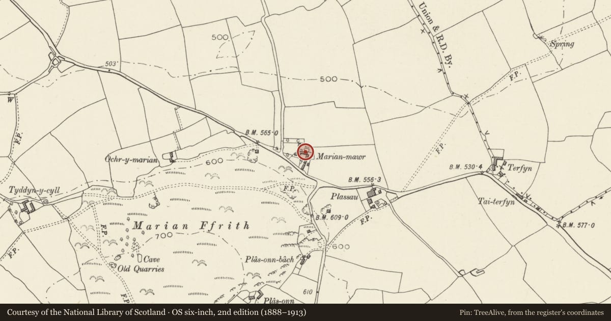 Ordnance Survey six-inch map, 2nd edition (1888–1913) covering the location of Marian Mawr Farmhouse, Cwm, Denbighshire, with a pin at the register's coordinates