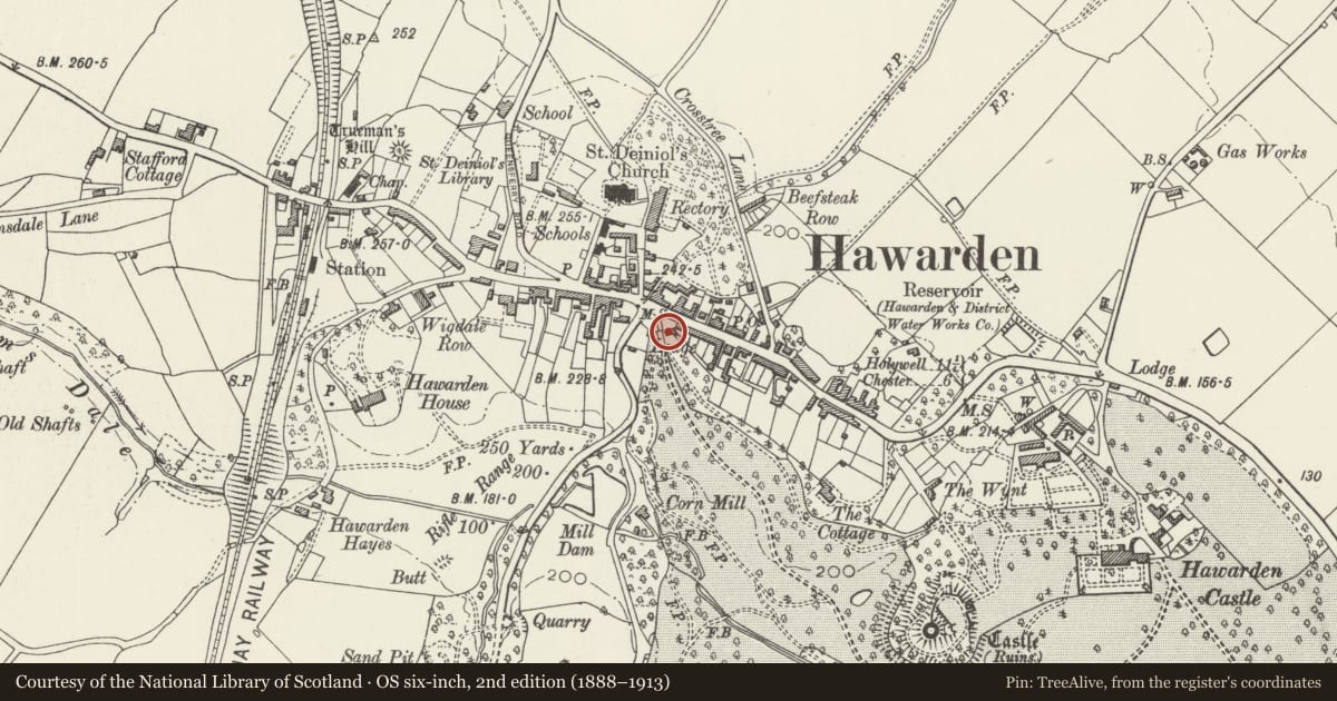 Ordnance Survey six-inch map, 2nd edition (1888–1913) covering the location of Gate Lodge, Hawarden, Flintshire, with a pin at the register's coordinates