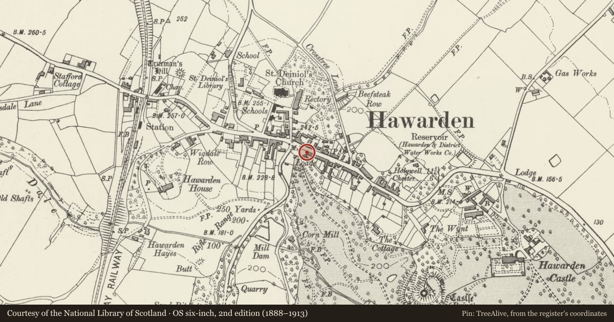 Ordnance Survey six-inch map, 2nd edition (1888–1913) covering the location of 4 Glynne Way, Hawarden, Flintshire, with a pin at the register's coordinates