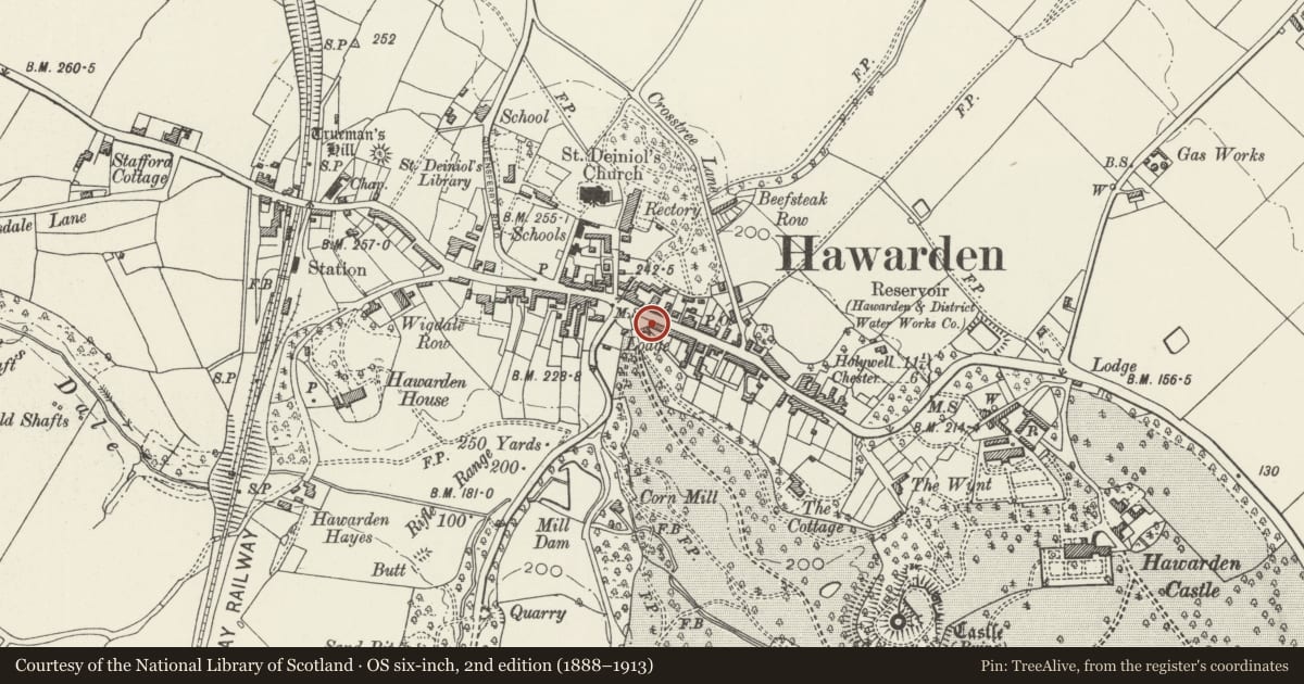 Ordnance Survey six-inch map, 2nd edition (1888–1913) covering the location of 6 Glynne Way, Hawarden, Flintshire, with a pin at the register's coordinates
