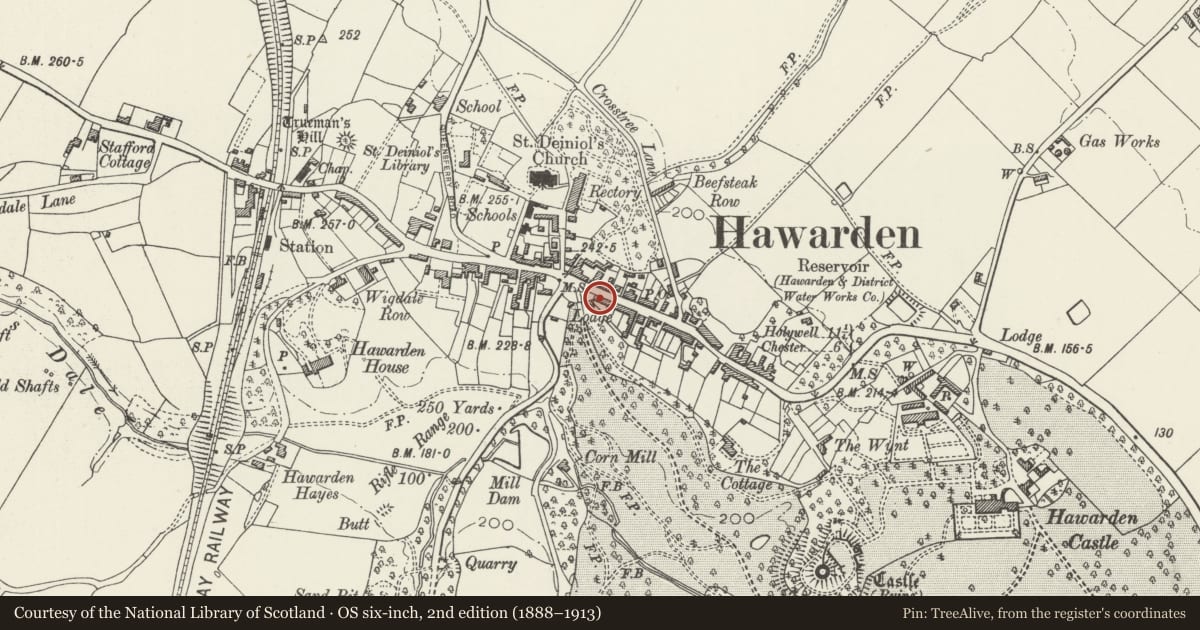 Ordnance Survey six-inch map, 2nd edition (1888–1913) covering the location of 8 Glynne Way, Hawarden, Flintshire, with a pin at the register's coordinates