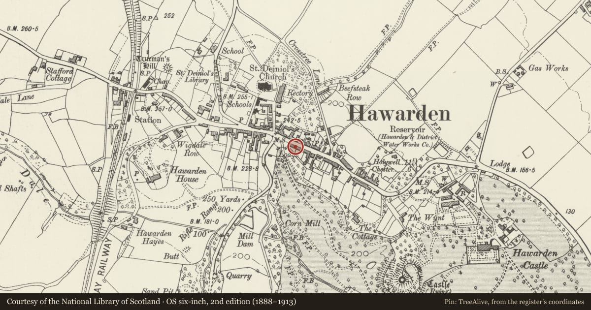 Ordnance Survey six-inch map, 2nd edition (1888–1913) covering the location of 12 Glynne Way, Hawarden, Flintshire, with a pin at the register's coordinates