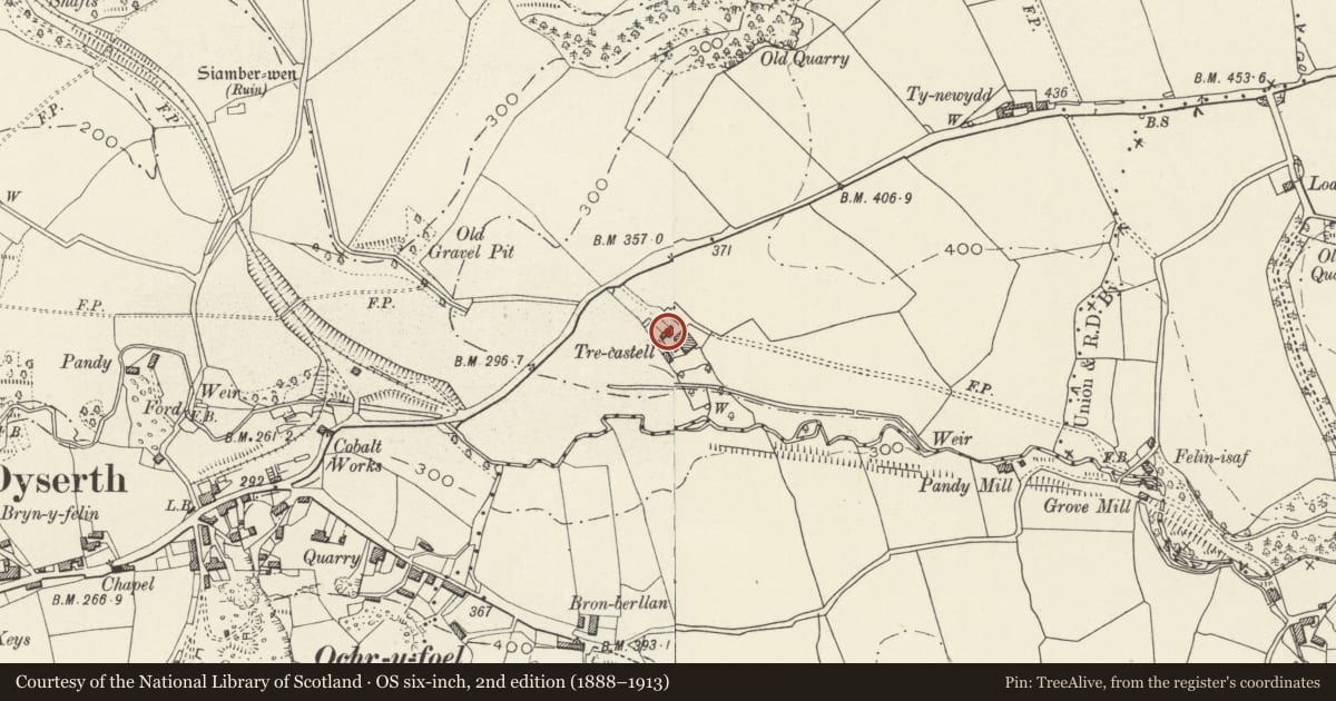 Ordnance Survey six-inch map, 2nd edition (1888–1913) covering the location of Tre-castell Farmhouse, Dyserth, Denbighshire, with a pin at the register's coordinates