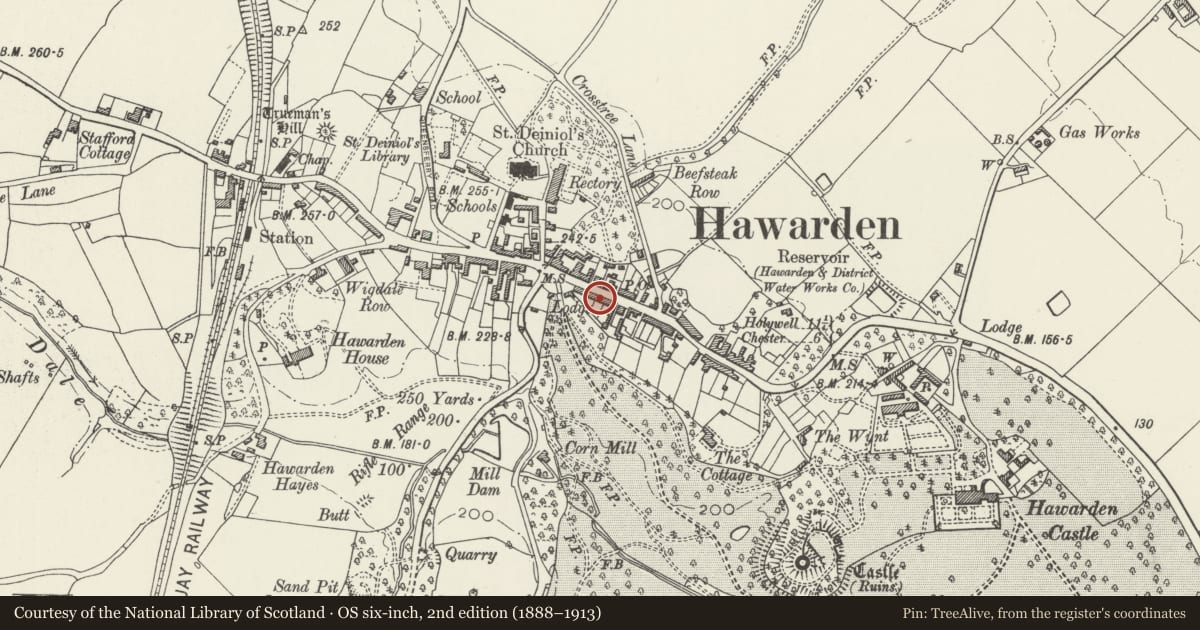 Ordnance Survey six-inch map, 2nd edition (1888–1913) covering the location of 22 Glynne Way, Hawarden, Flintshire, with a pin at the register's coordinates