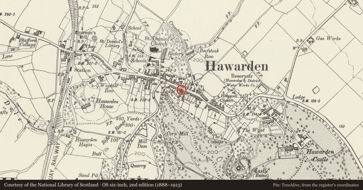 Ordnance Survey six-inch map, 2nd edition (1888–1913) covering the location of 32 Glynne Way, Hawarden, Flintshire, with a pin at the register's coordinates