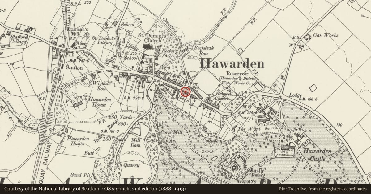Ordnance Survey six-inch map, 2nd edition (1888–1913) covering the location of 44 Glynne Way, Hawarden, Flintshire, with a pin at the register's coordinates