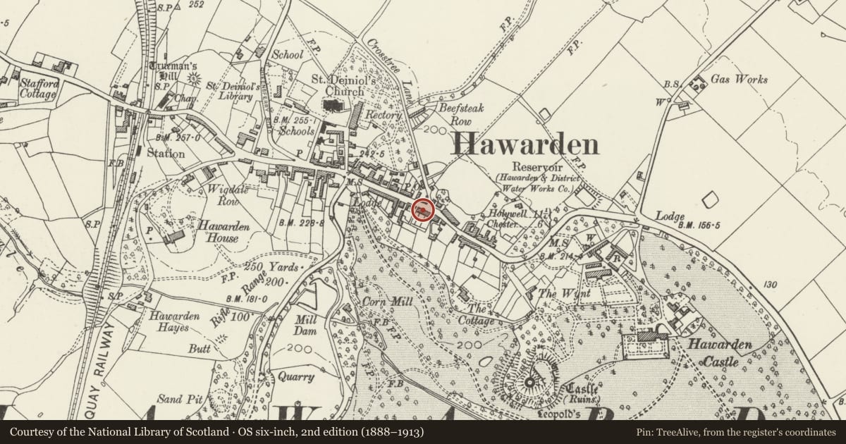 Ordnance Survey six-inch map, 2nd edition (1888–1913) covering the location of 48 Glynne Way, Hawarden, Flintshire, with a pin at the register's coordinates