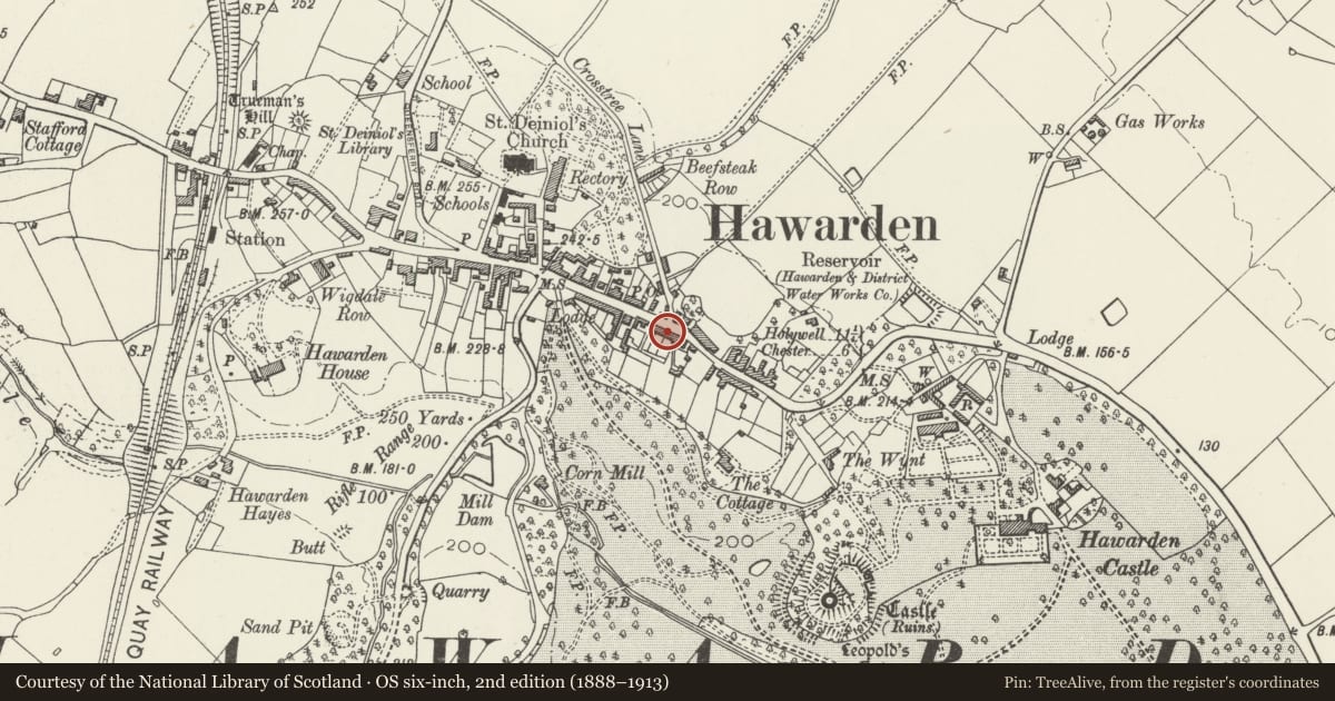Ordnance Survey six-inch map, 2nd edition (1888–1913) covering the location of 52 Glynne Way, Hawarden, Flintshire, with a pin at the register's coordinates
