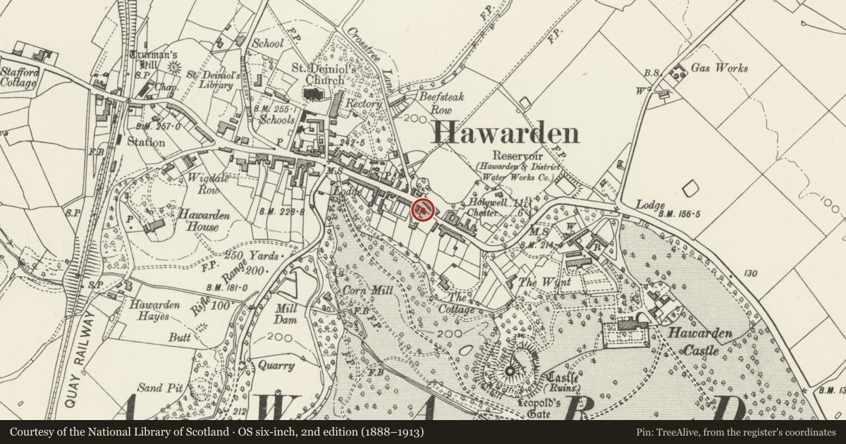 Ordnance Survey six-inch map, 2nd edition (1888–1913) covering the location of 60 Glynne Way, Hawarden, Flintshire, with a pin at the register's coordinates