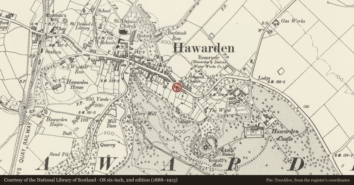 Ordnance Survey six-inch map, 2nd edition (1888–1913) covering the location of 62 Glynne Way, Hawarden, Flintshire, with a pin at the register's coordinates