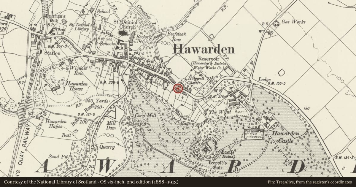 Ordnance Survey six-inch map, 2nd edition (1888–1913) covering the location of Retaining Wall to Street, Hawarden, Flintshire, with a pin at the register's coordinates