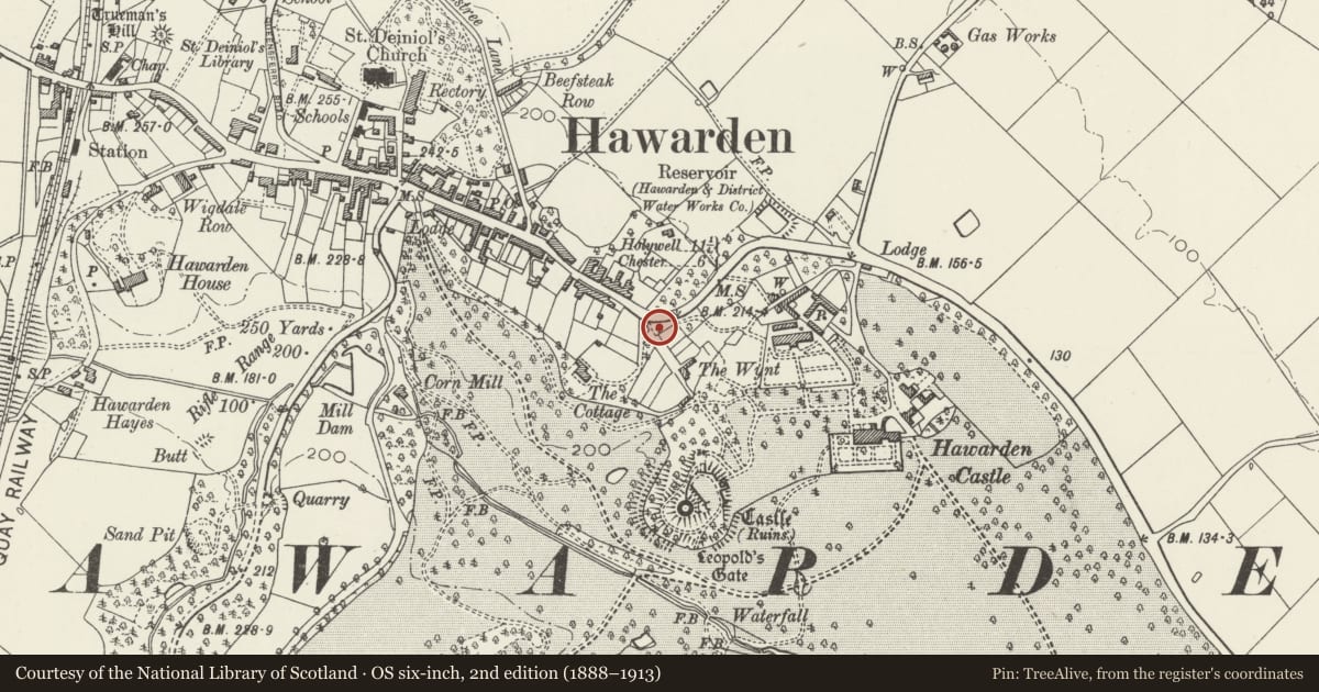 Ordnance Survey six-inch map, 2nd edition (1888–1913) covering the location of Wynt Lodge, Hawarden, Flintshire, with a pin at the register's coordinates