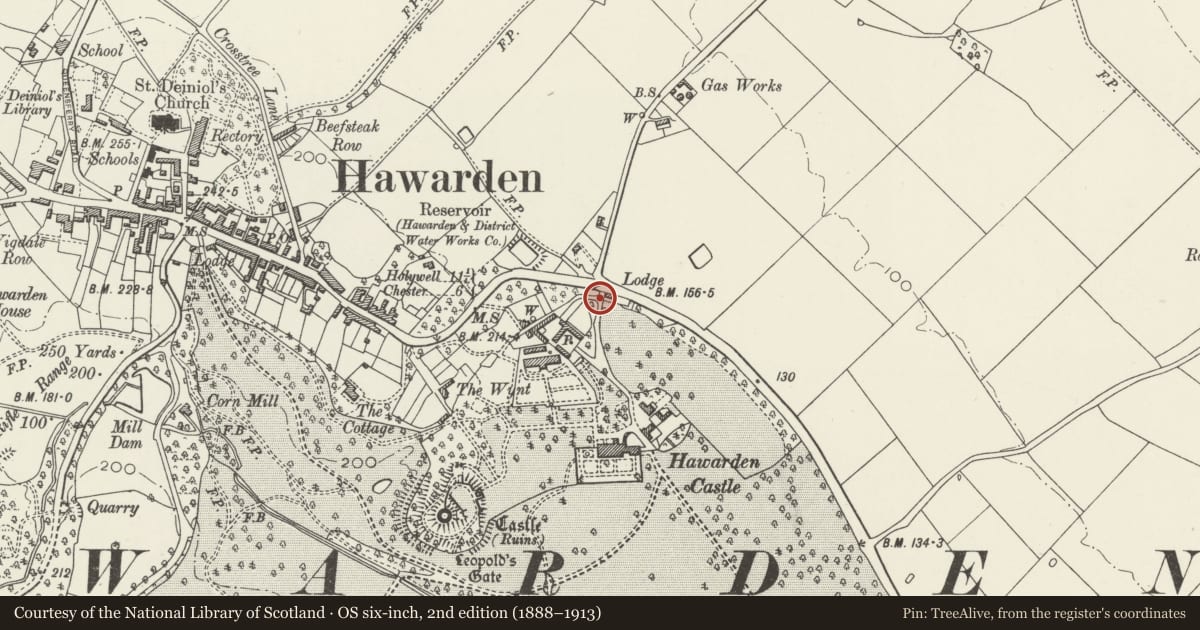 Ordnance Survey six-inch map, 2nd edition (1888–1913) covering the location of N Entrance to Gatepiers and Scree Walls to Hawarden Castle, Flintshire, with a pin at the register's coordinates