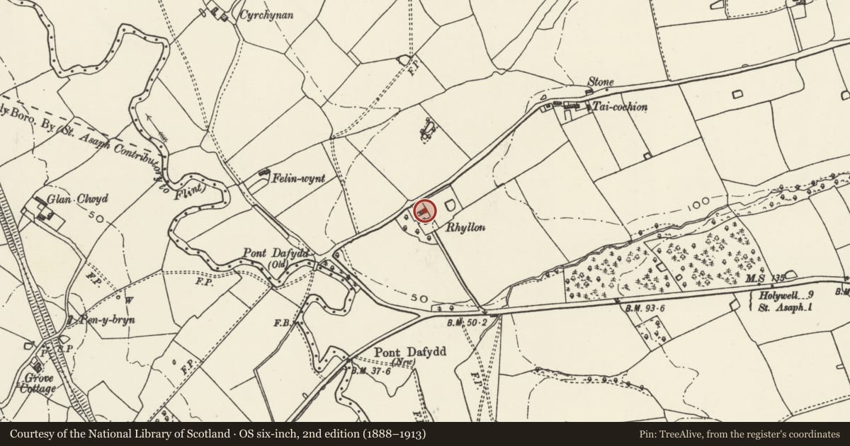 Ordnance Survey six-inch map, 2nd edition (1888–1913) covering the location of Stable Range at Rhyllon Farmhouse, Waen, Denbighshire, with a pin at the register's coordinates
