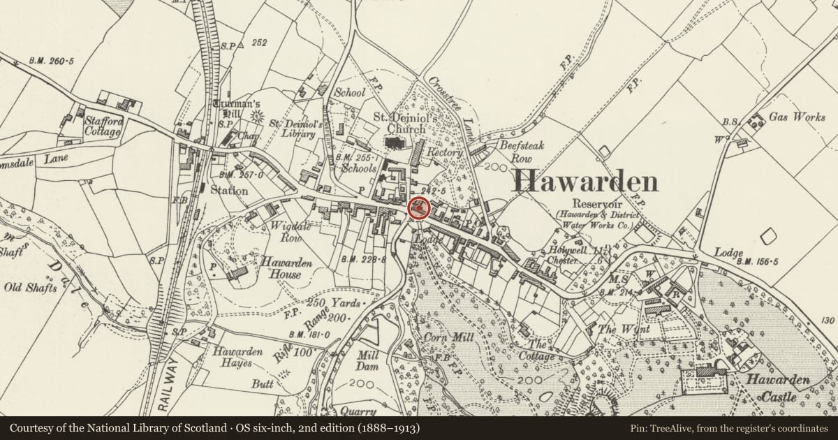 Ordnance Survey six-inch map, 2nd edition (1888–1913) covering the location of The Glynne Arms PH, Hawarden, Flintshire, with a pin at the register's coordinates