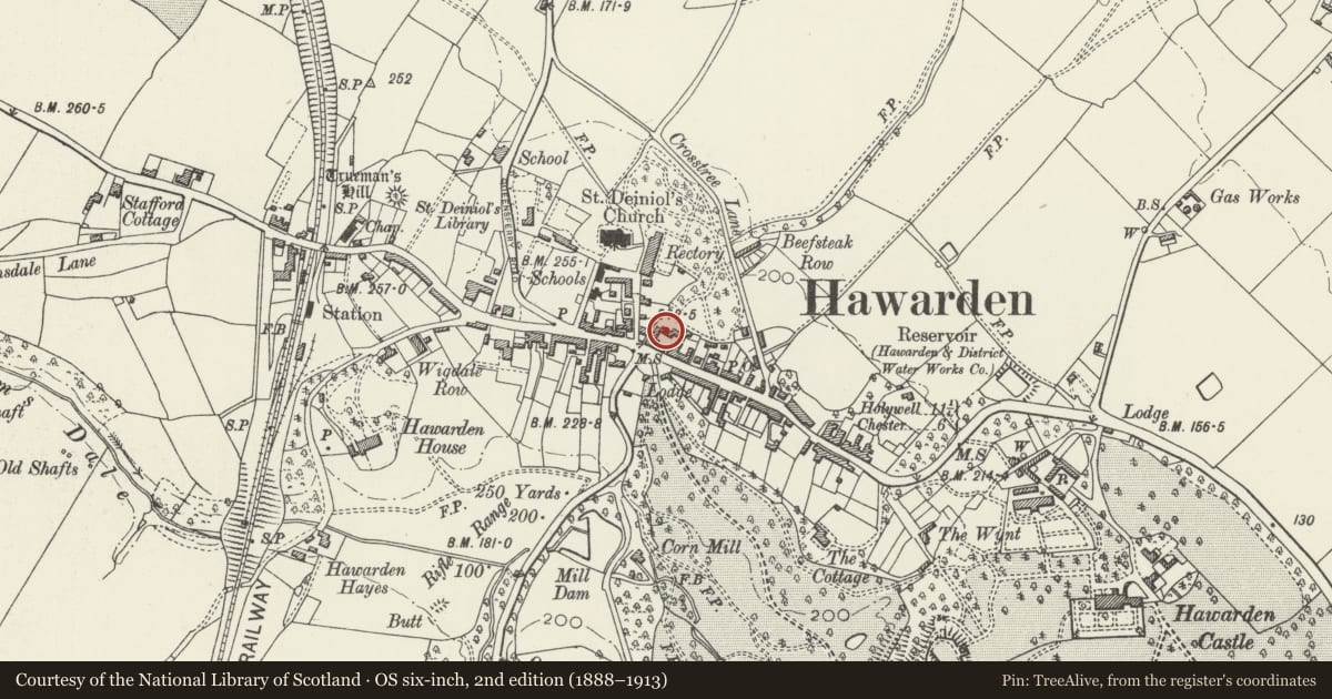 Ordnance Survey six-inch map, 2nd edition (1888–1913) covering the location of 1. Rear Courtyard Ranges at Glynne Arms, Hawarden, Flintshire, with a pin at the register's coordinates