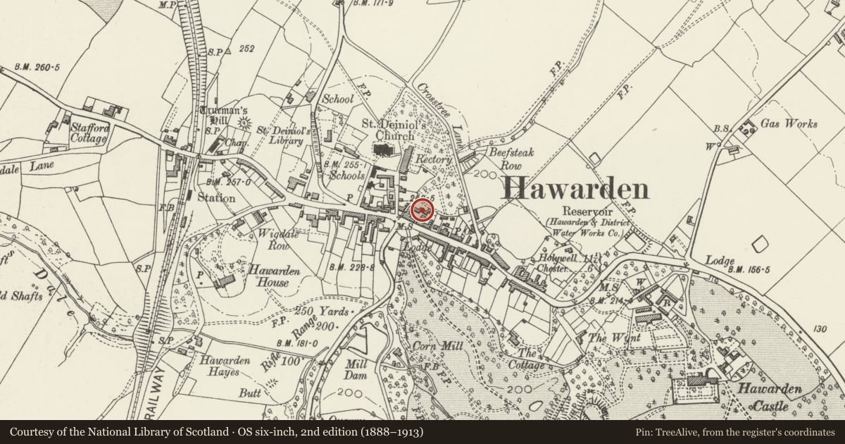 Ordnance Survey six-inch map, 2nd edition (1888–1913) covering the location of 2. Rear Courtyard Ranges at Glynne Arms, Hawarden, Flintshire, with a pin at the register's coordinates