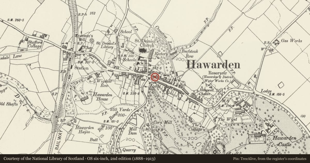 Ordnance Survey six-inch map, 2nd edition (1888–1913) covering the location of Former Shambles, Hawarden, Flintshire, with a pin at the register's coordinates