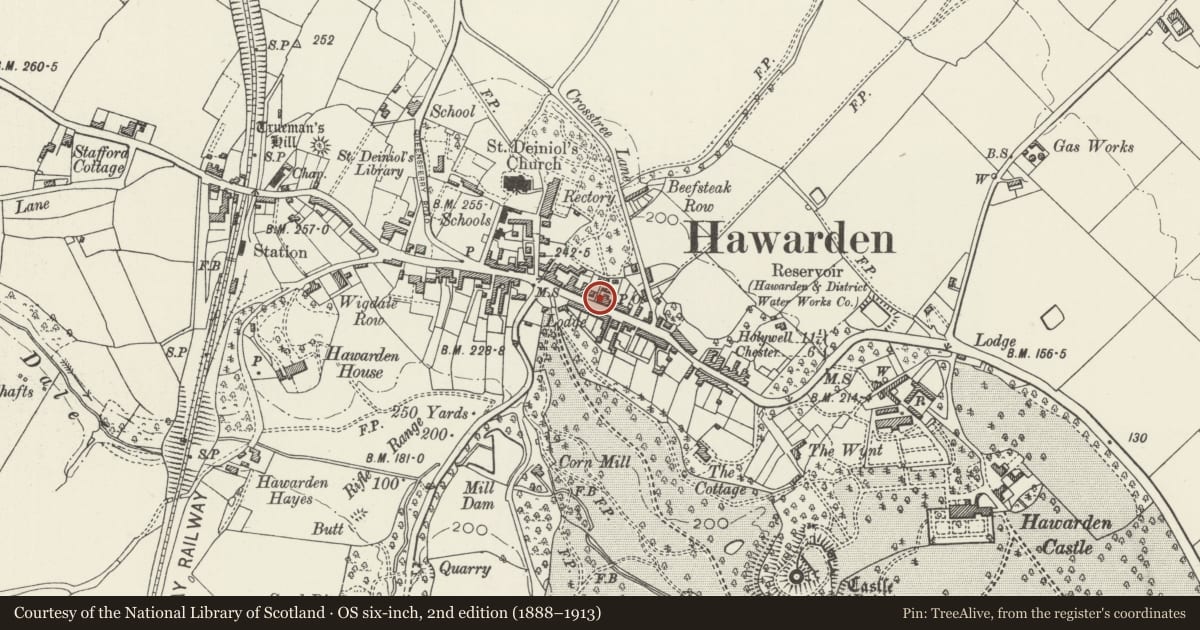 Ordnance Survey six-inch map, 2nd edition (1888–1913) covering the location of Former Police Station, Hawarden, Flintshire, with a pin at the register's coordinates