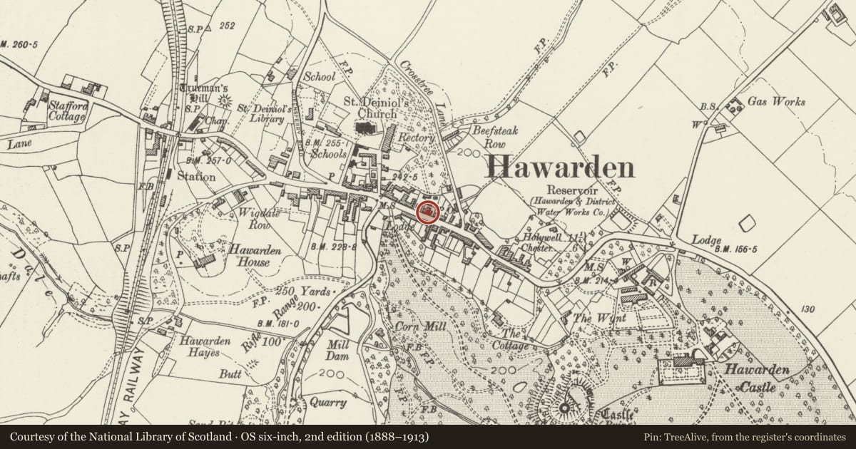 Ordnance Survey six-inch map, 2nd edition (1888–1913) covering the location of Former Town Hall, Hawarden, Flintshire, with a pin at the register's coordinates