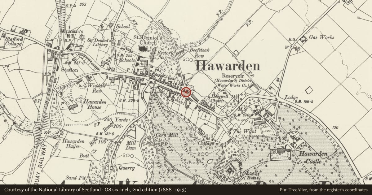 Ordnance Survey six-inch map, 2nd edition (1888–1913) covering the location of Base of Former Village Pump, Hawarden, Flintshire, with a pin at the register's coordinates