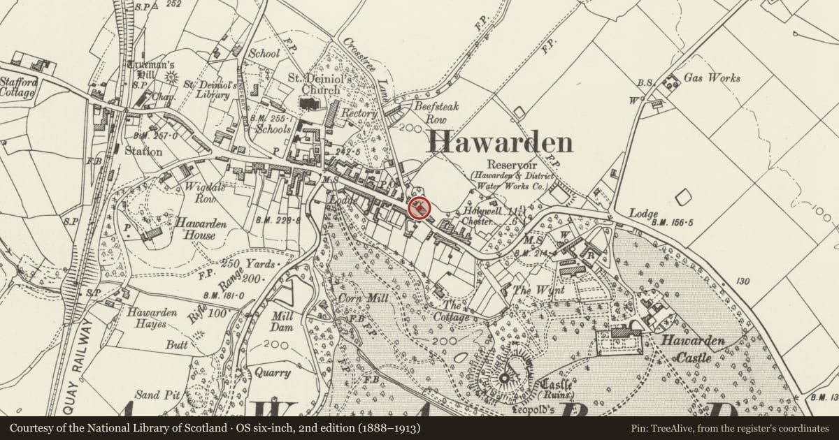 Ordnance Survey six-inch map, 2nd edition (1888–1913) covering the location of Elms Cottage, Hawarden, Flintshire, with a pin at the register's coordinates