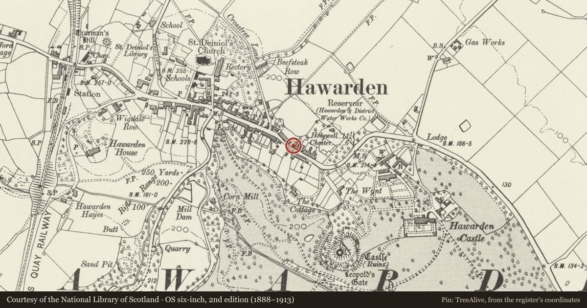 Ordnance Survey six-inch map, 2nd edition (1888–1913) covering the location of The Hawarden Gymnasium, Flintshire, with a pin at the register's coordinates