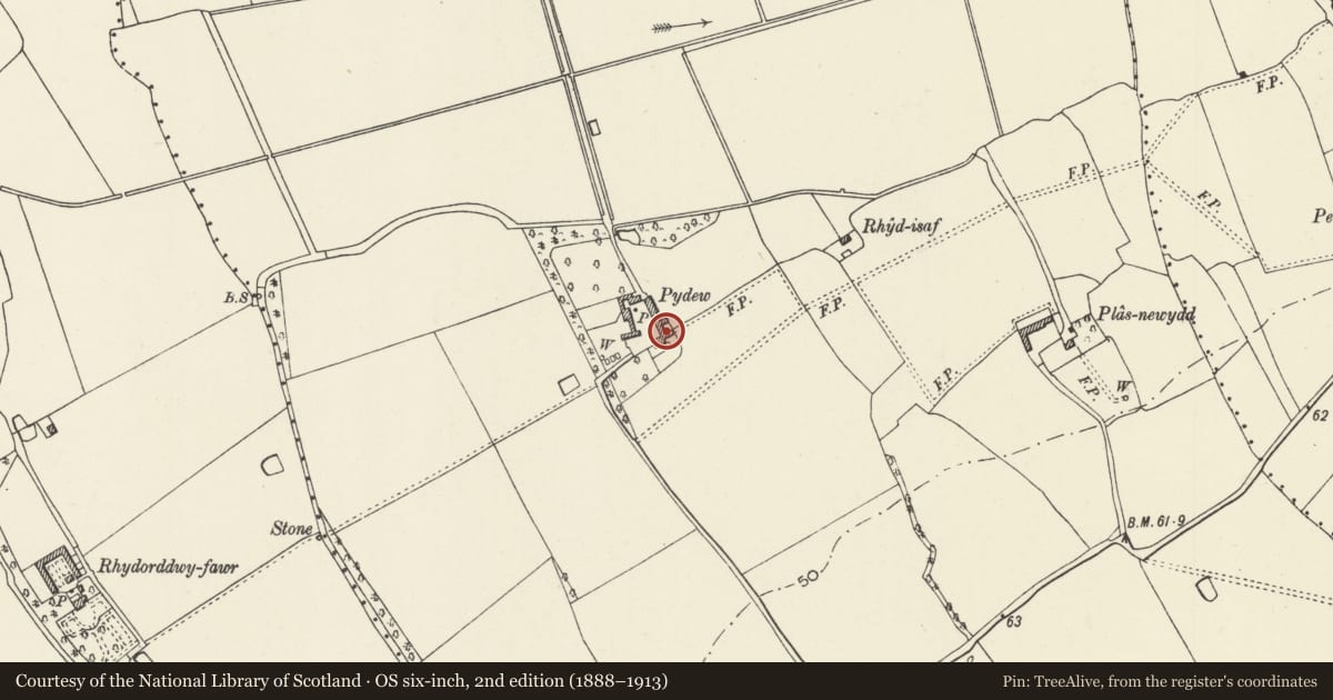 Ordnance Survey six-inch map, 2nd edition (1888–1913) covering the location of Pydew Farmhouse, Prestatyn, Denbighshire, with a pin at the register's coordinates