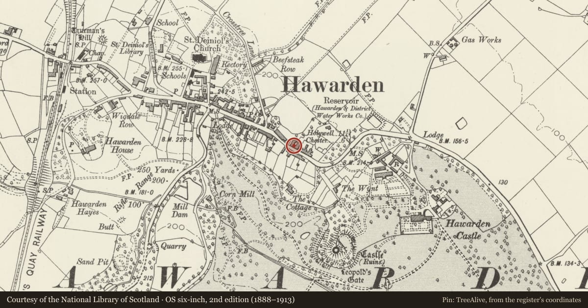 Ordnance Survey six-inch map, 2nd edition (1888–1913) covering the location of The Hawarden Institute, Flintshire, with a pin at the register's coordinates