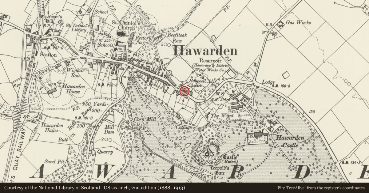 Ordnance Survey six-inch map, 2nd edition (1888–1913) covering the location of 33 Glynne Way, Hawarden, Flintshire, with a pin at the register's coordinates
