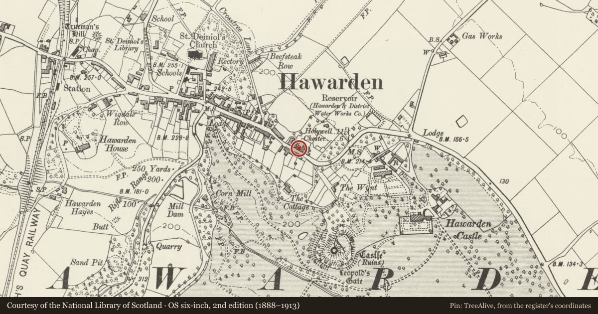 Ordnance Survey six-inch map, 2nd edition (1888–1913) covering the location of 35 Glynne Way, Hawarden, Flintshire, with a pin at the register's coordinates