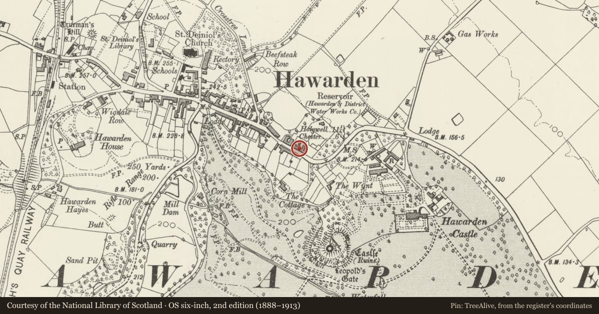 Ordnance Survey six-inch map, 2nd edition (1888–1913) covering the location of 39 Glynne Way, Hawarden, Flintshire, with a pin at the register's coordinates