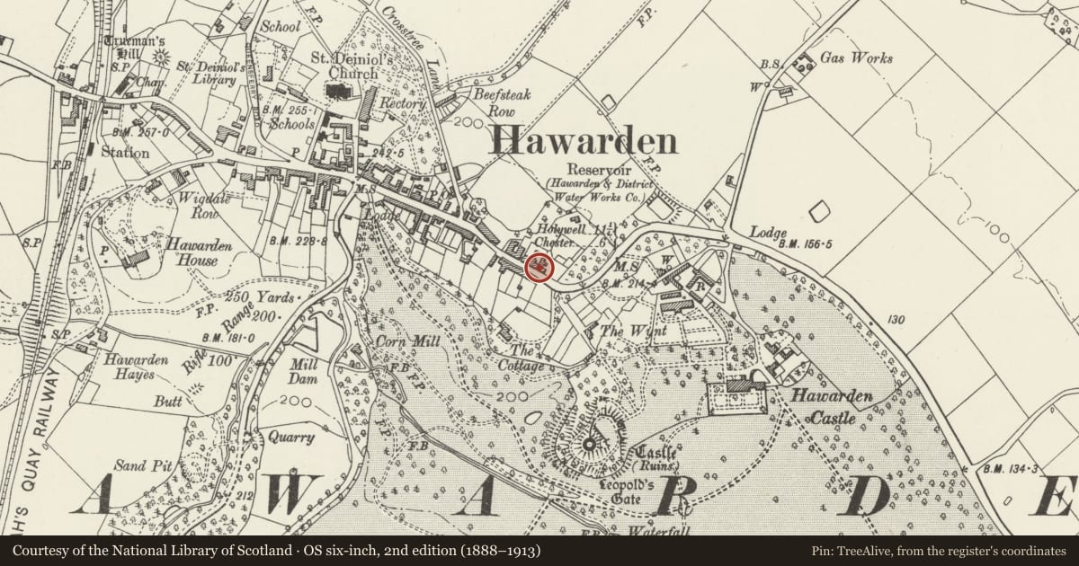 Ordnance Survey six-inch map, 2nd edition (1888–1913) covering the location of 41 Glynne Way, Hawarden, Flintshire, with a pin at the register's coordinates