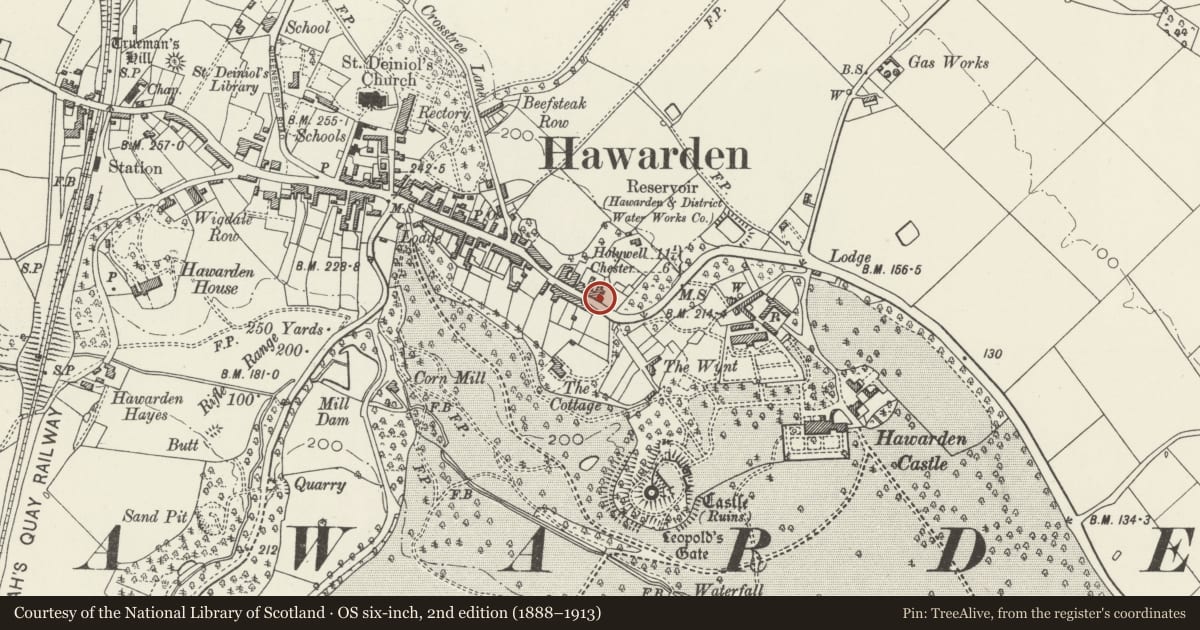 Ordnance Survey six-inch map, 2nd edition (1888–1913) covering the location of 43 Glynne Way, Hawarden, Flintshire, with a pin at the register's coordinates