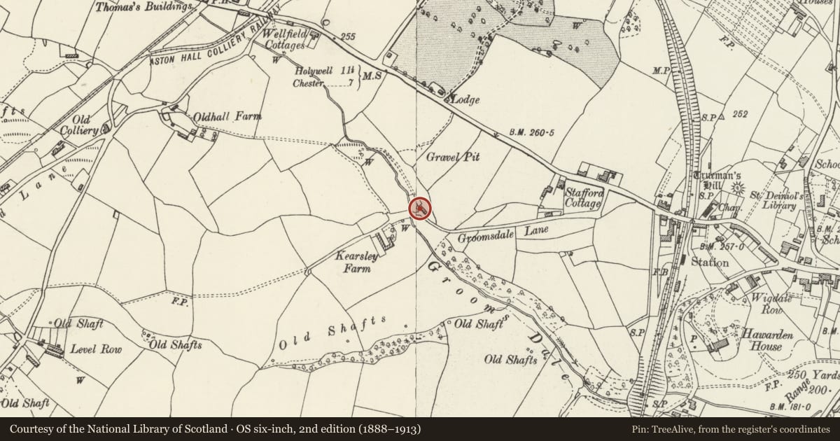 Ordnance Survey six-inch map, 2nd edition (1888–1913) covering the location of Domestic and Agricultural Range to the NE of Kearsley Farm, Hawarden, Flintshire, with a pin at the register's coordinates