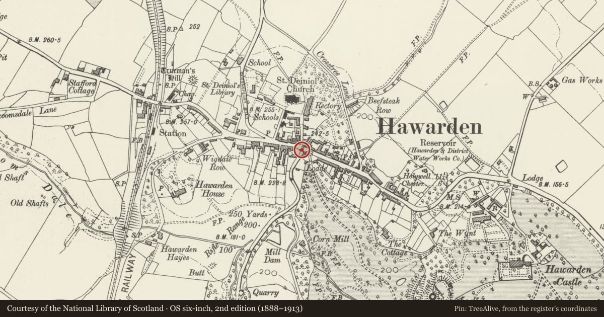 Ordnance Survey six-inch map, 2nd edition (1888–1913) covering the location of Gladstone Memorial Fountain, Hawarden, Flintshire, with a pin at the register's coordinates